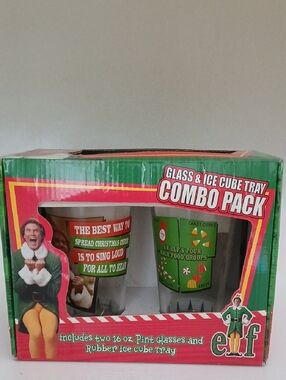 ELF Green and Red Pint Glass & Ice Cube Tray Combo Pack